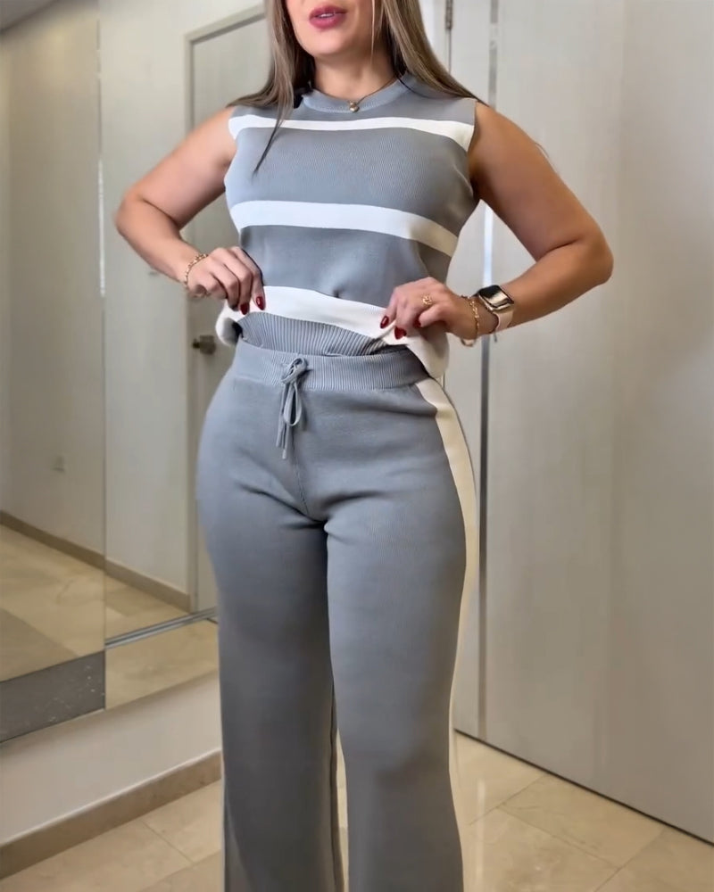 Striped Print Round Neck Sleeveless Top and Casual Elastic Waist Drawstring Pants Sets - Image 10