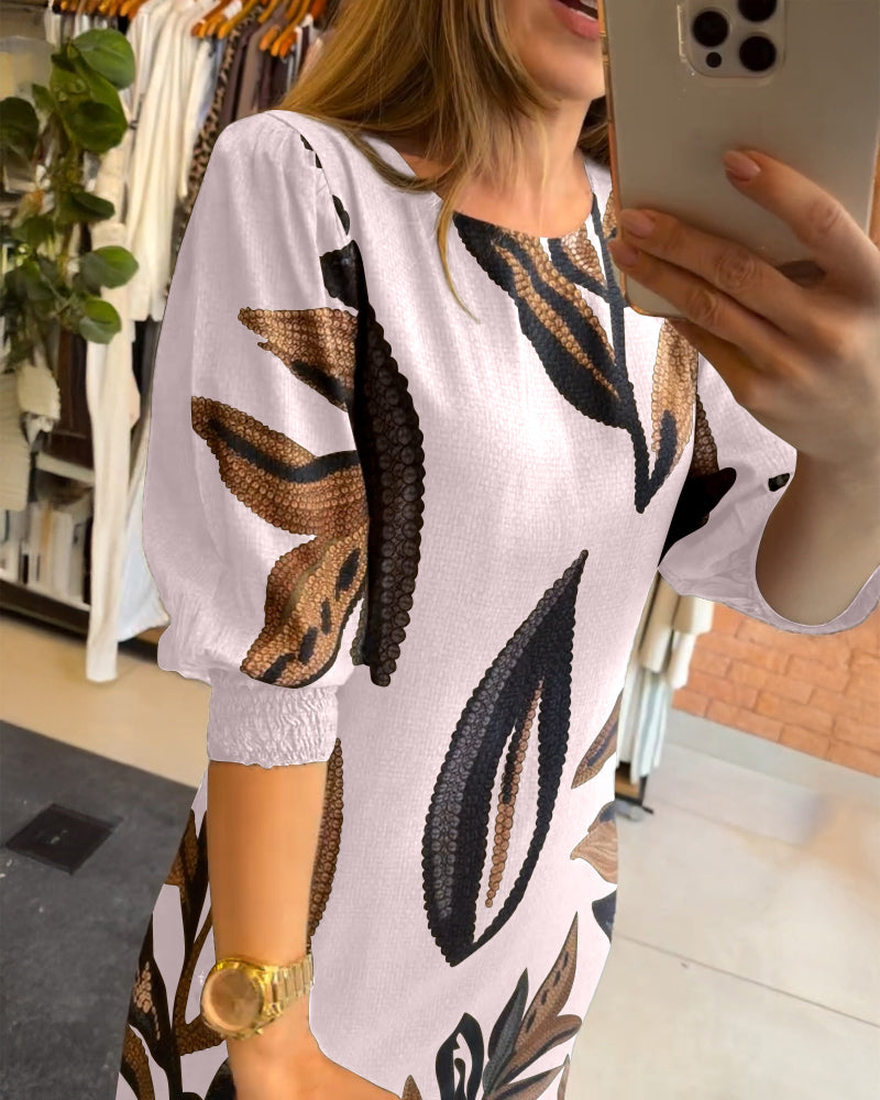 Plants Print Round Neck Half Sleeve Midi Dress - Image 18