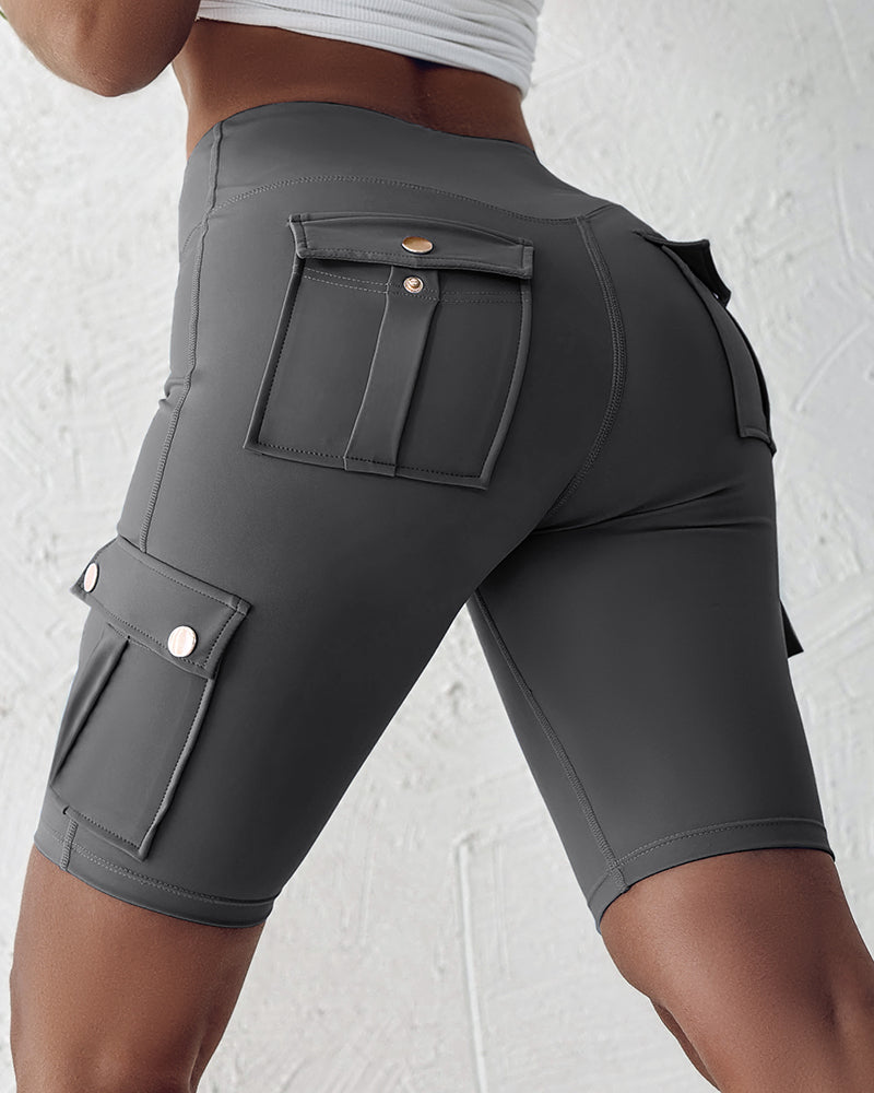Tummy Control Butt Lifting Active Shorts High Waist Flap Pocket Workout Bermuda Cargo Running Shorts - Image 10
