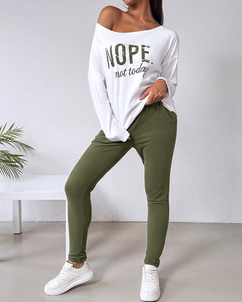 2 Pieces Outfit Nope. Not Today Slogan Print Skew Neck Long Sleeve Pullover Top And Casual Drawstring Stretchy Waist Slim Fit Pants Set - Image 3