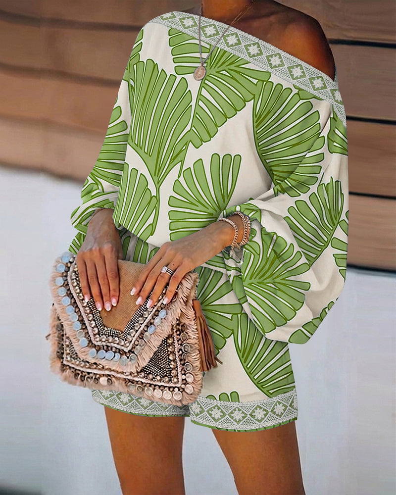 Women's Tropical Leaf Print 2 Piece Set Skew Neck Lantern Sleeve Top and Elastic Waist Shorts with Pockets & Lace - Image 11