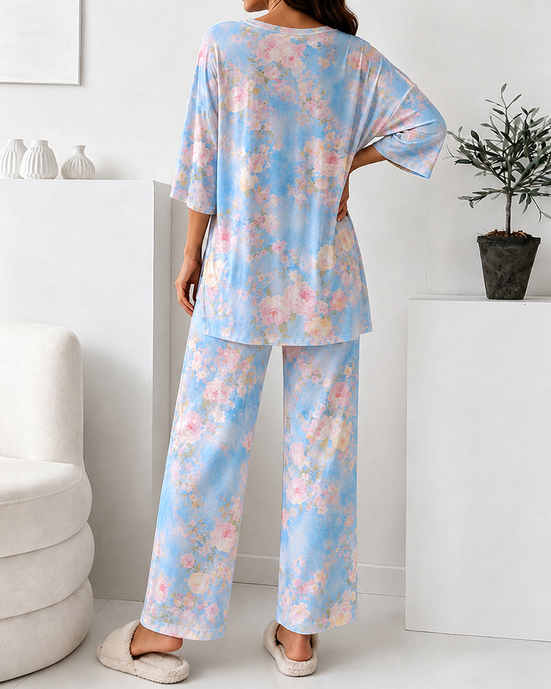 Women's 2 Piece Floral Print Pajama Set Half Sleeve Side Slit Top and Straight Leg Pants Casual Loungewear - Image 2