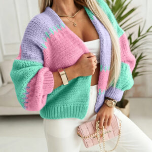 Women's Colorblock Knit Cardigan Chunky Knit Sweater Ribbed Trim Long Sleeve Casual Loose Knitwear