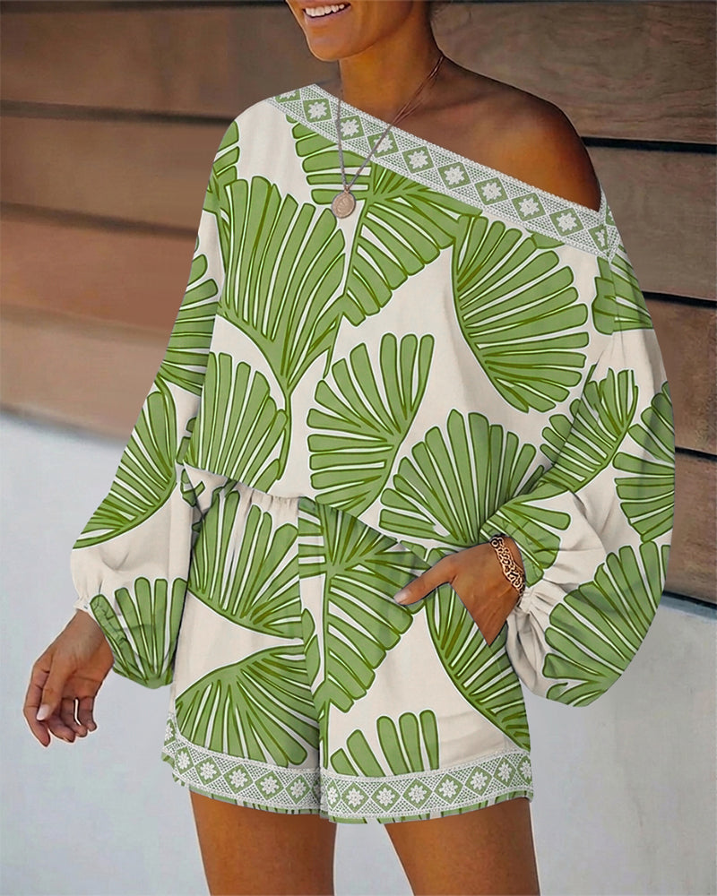 Women's Tropical Leaf Print 2 Piece Set Skew Neck Lantern Sleeve Top and Elastic Waist Shorts with Pockets & Lace - Image 14