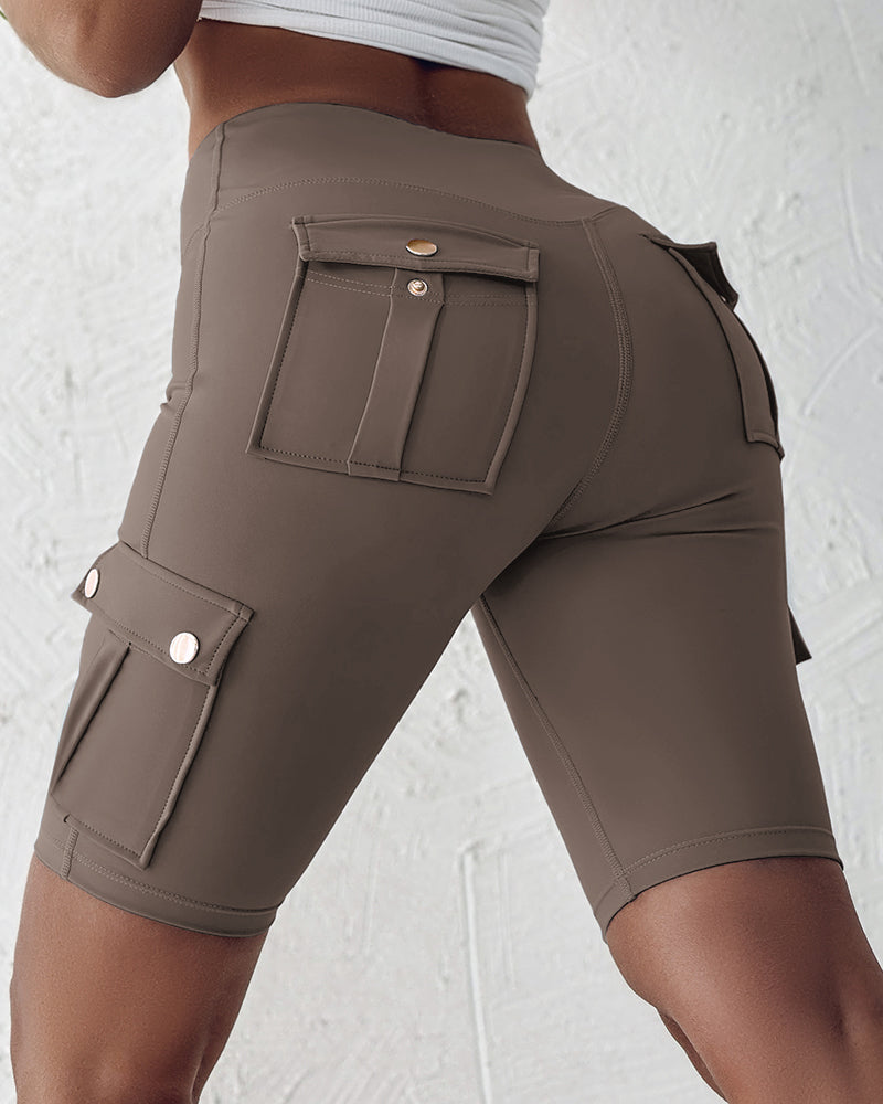 Tummy Control Butt Lifting Active Shorts High Waist Flap Pocket Workout Bermuda Cargo Running Shorts - Image 28