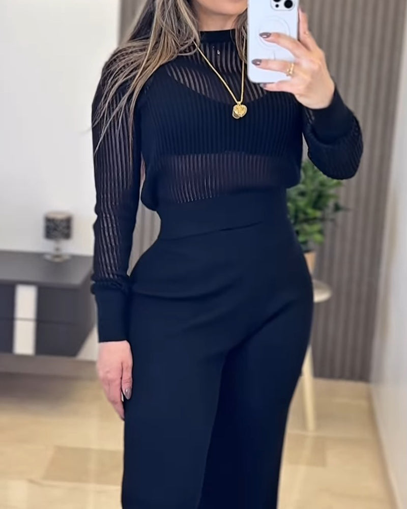 Round Neck Long Sleeve Vertical Pit Texture Top and Casual Wide Leg Pants Set - Image 3