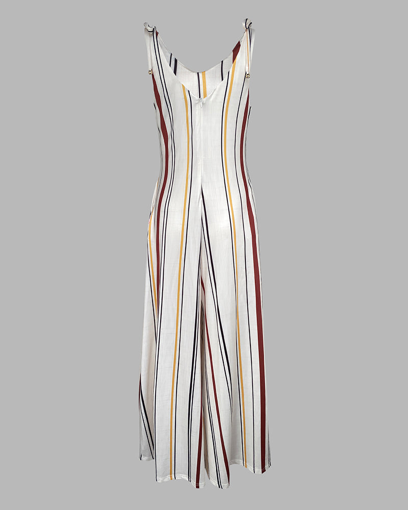 Women's V Neck Bow Tie Shoulder Striped Jumpsuit Casual Loose Wide Leg Overalls with Pockets - Image 5