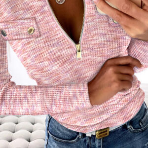 Waffle Knit Multicolor Round Neck Long Sleeve Half Zipper Design Top