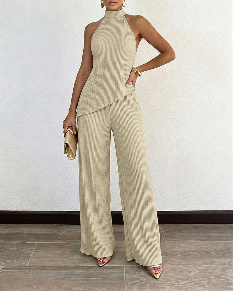 Women's Textured 2 Piece Outfits Halter Neck Backless Sleeveless Asymmetric Top and High Waist Wide Leg Pants Set - Image 3