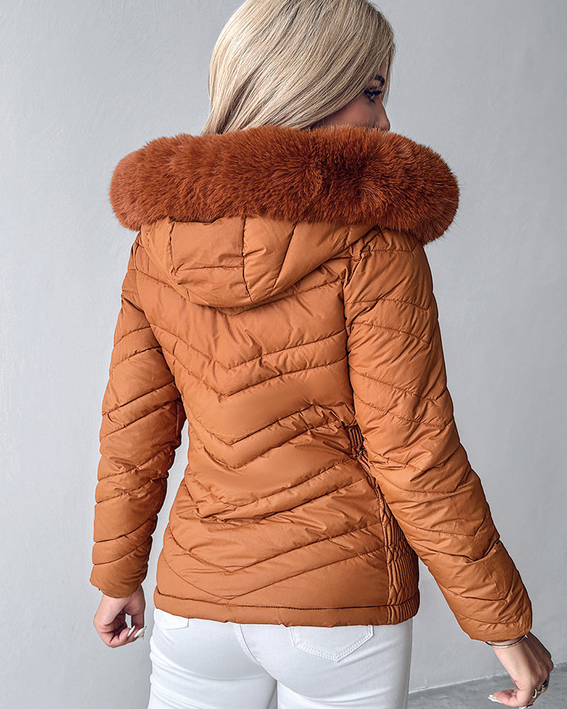 Zipper Pocket Design Shirred Fuzzy Trim Fleece Lined Hooded Puffer Jacket - Image 26