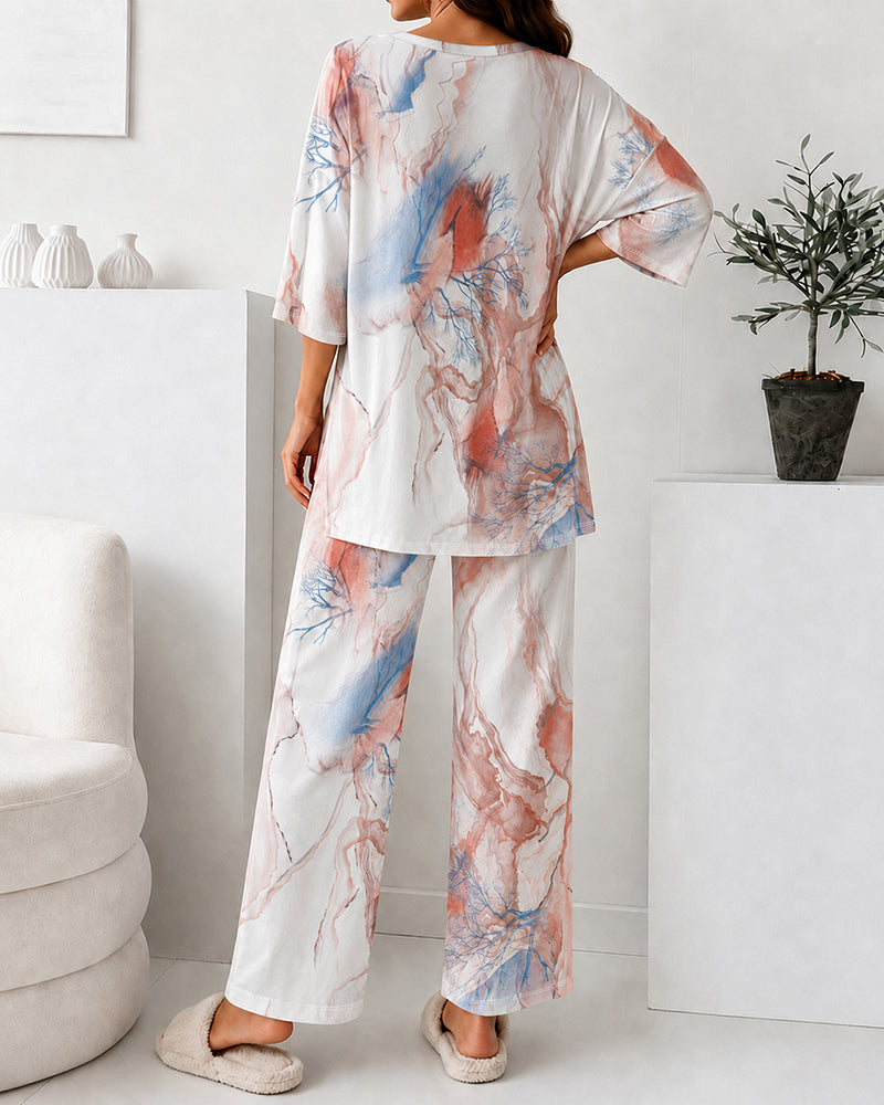 Women's 2 Piece Marble Print Pajama Set Half Sleeve Side Slit Top and Straight Leg Pants Casual Loungewear - Image 2