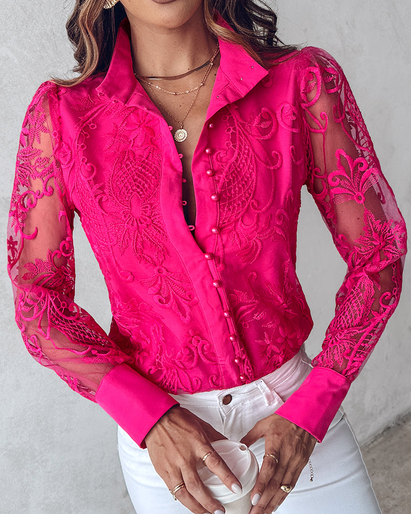 Women's Elegant Mesh Patchwork Shirt Floral Embroidery Stand Collar Pearl Button Long Sleeve Blouse - Image 5