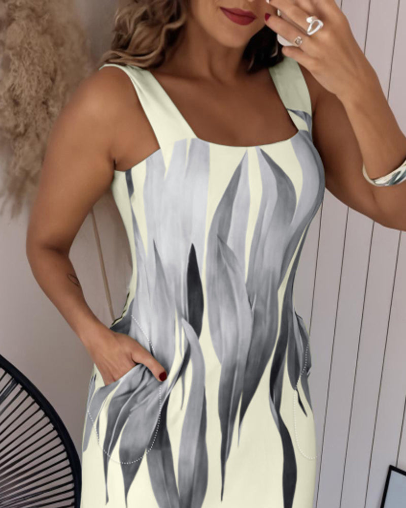 Plants Print Square Neck Thick Strap Maxi Dress Casual Slim Fit Side Slit Vacation Dress with Pockets - Image 15