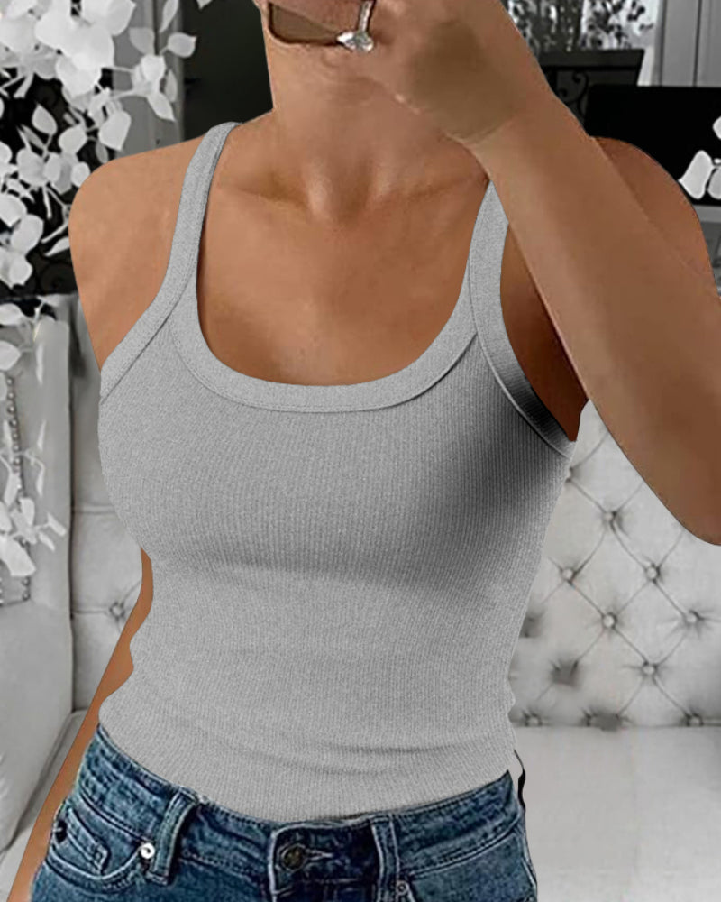 Scoop Neck Spaghetti Strap Ribbed Top Casual Sleeveless Slim Fit Tank - Image 20
