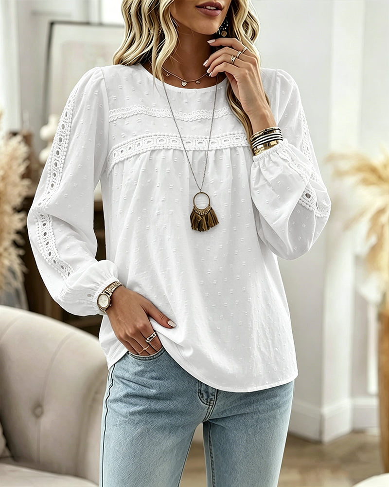 Women's Hollow-Out Lace Spliced Lantern Sleeve Top Elegant 3D Jacquard Chiffon Blouse for Work and Daily Wear - Image 4