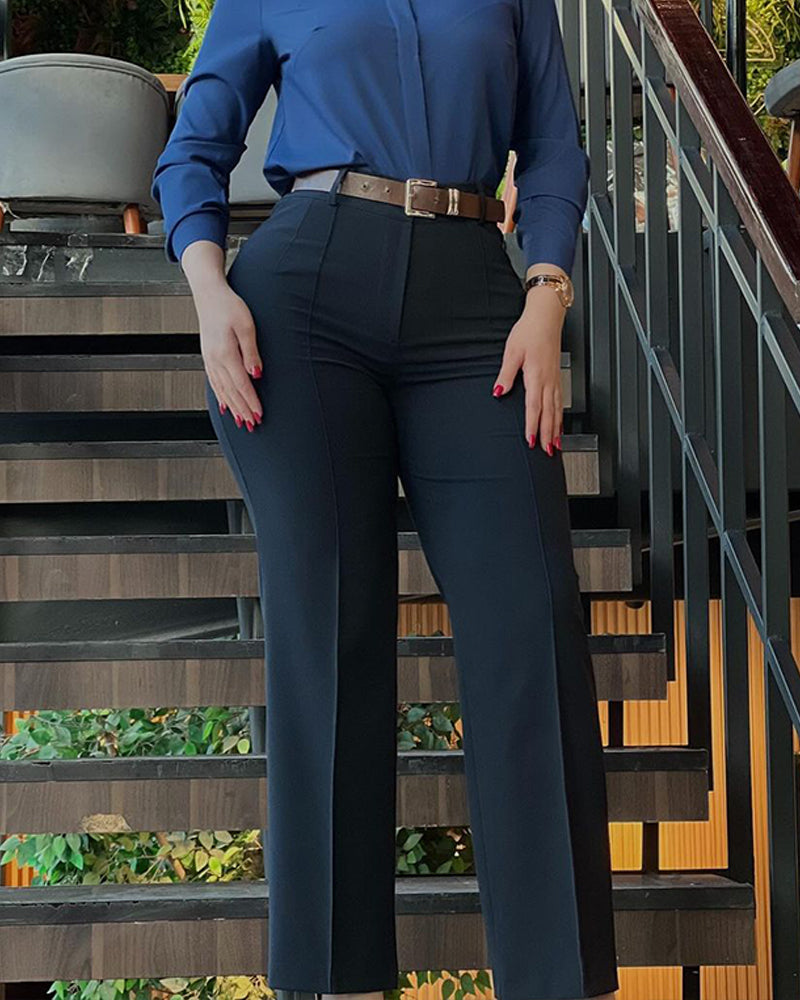 Zipper Fly High Waist Straight Leg Work Trousers Casual Elastic Back Waist Seam Front Business Pants - Image 4
