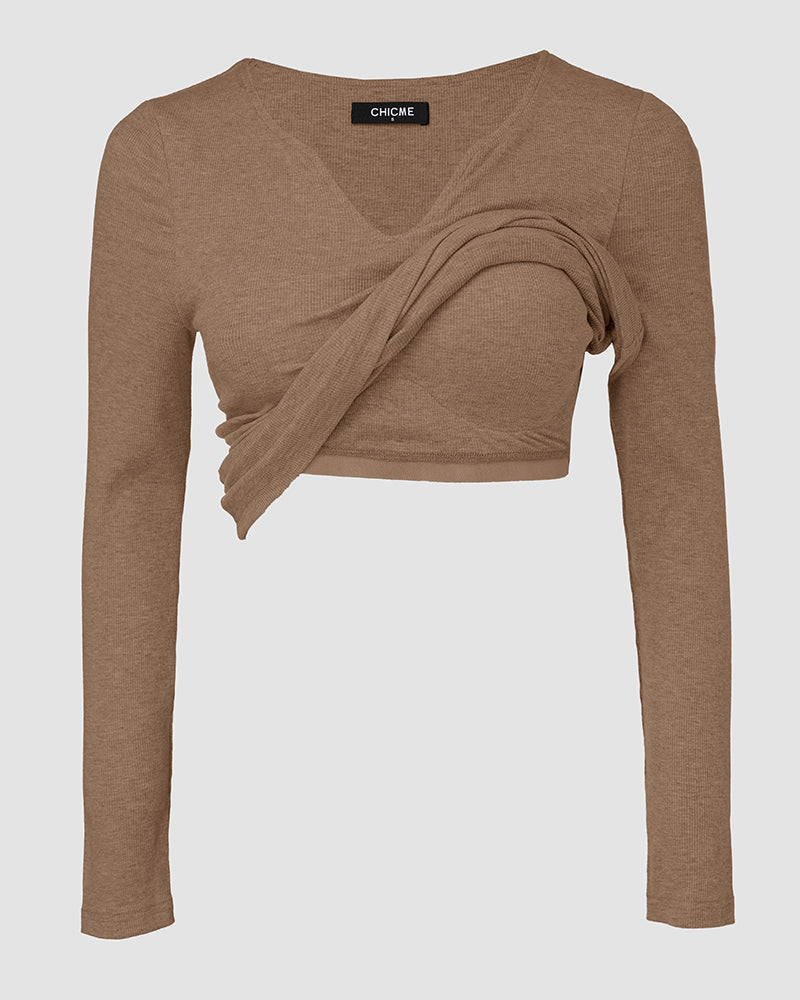 Chicme Built In Bra Notch Neck Long Sleeve Shirts Rib Knit Ruched Waist Top - Image 27