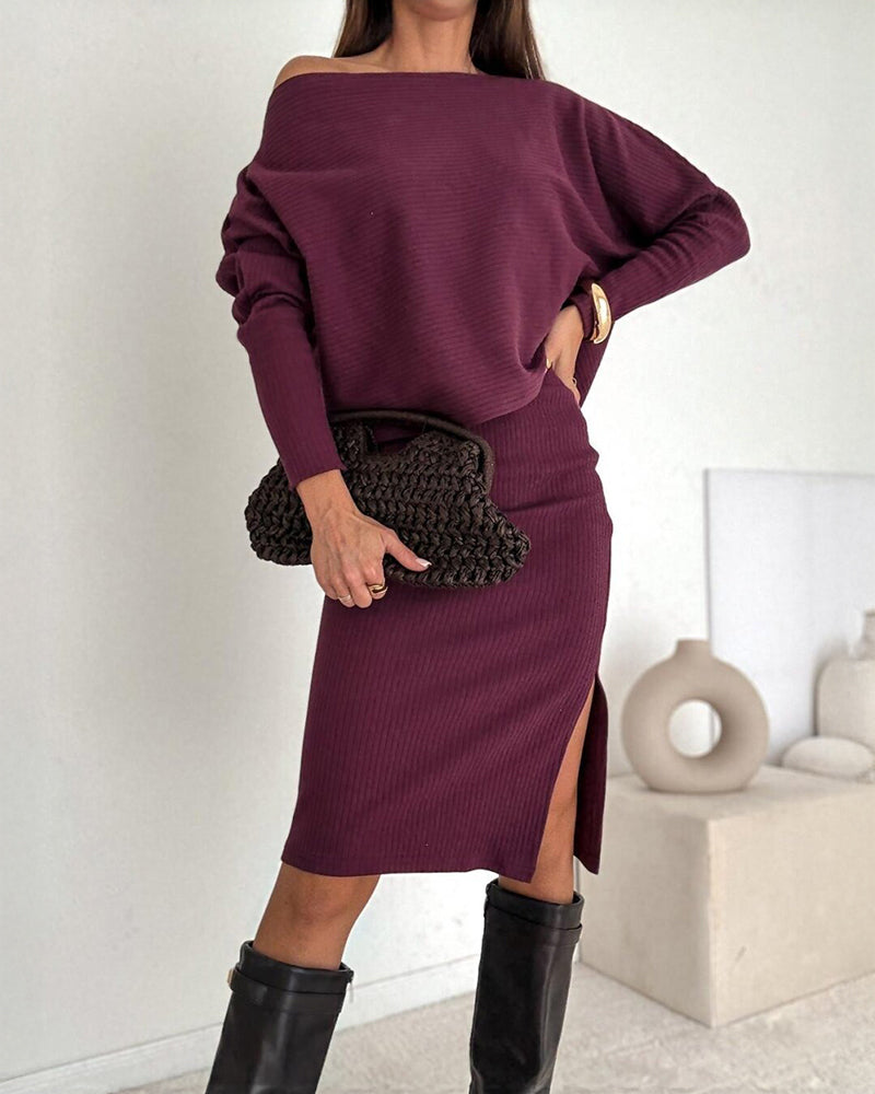 2 Pieces Outfit Skew Neck Batwing Sleeve Top and Side Slit Skirt Set Casual Ribbed Set - Image 5