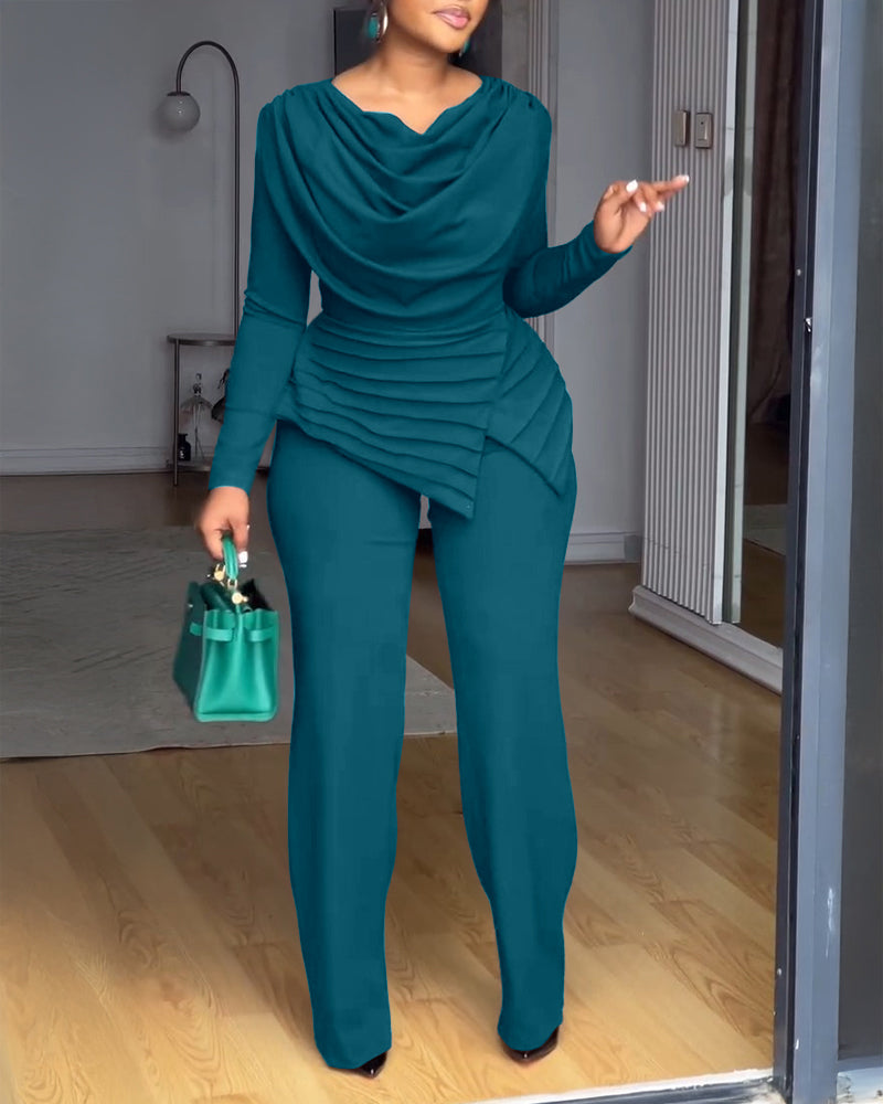 Cowl Neck Asymmetrical Textured Patchwork Cinched Waist Jumpsuit Casual Zipper Back Wide Leg Jumpsuit - Image 17