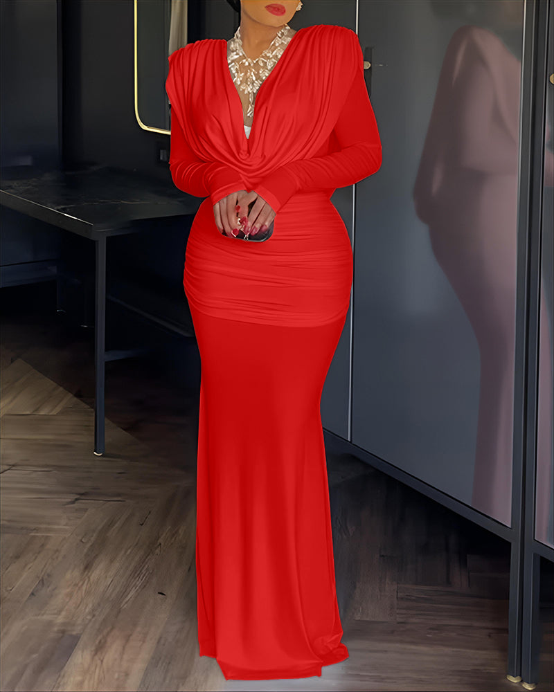 Cowl Neck Ruched Zipper Back Slim Fit Maxi Dress Casual Padded Shoulders Backless Evening Dress - Image 12