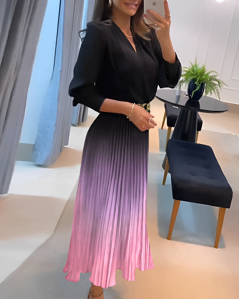 Ombre Deep V Neck Long Sleeve Pleated Mid-length Dress With Chain Decor Belt - Image 2