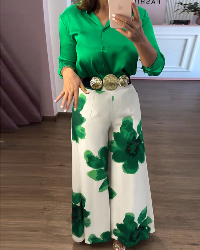 2 Pieces Outfit Long Sleeve Satin Blouse and Casual Floral Print High Waist Wide Leg Pants Set - Image 4