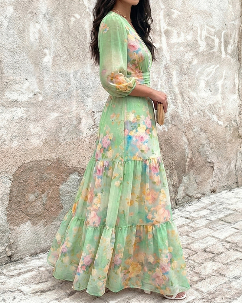 CHICME Women's Watercolor Floral V-Neck Shirred High Waist Maxi Dress Three Quarters Lantern Sleeve A-Line Ruffle Hem Chiffon Vacation Dress - Image 8