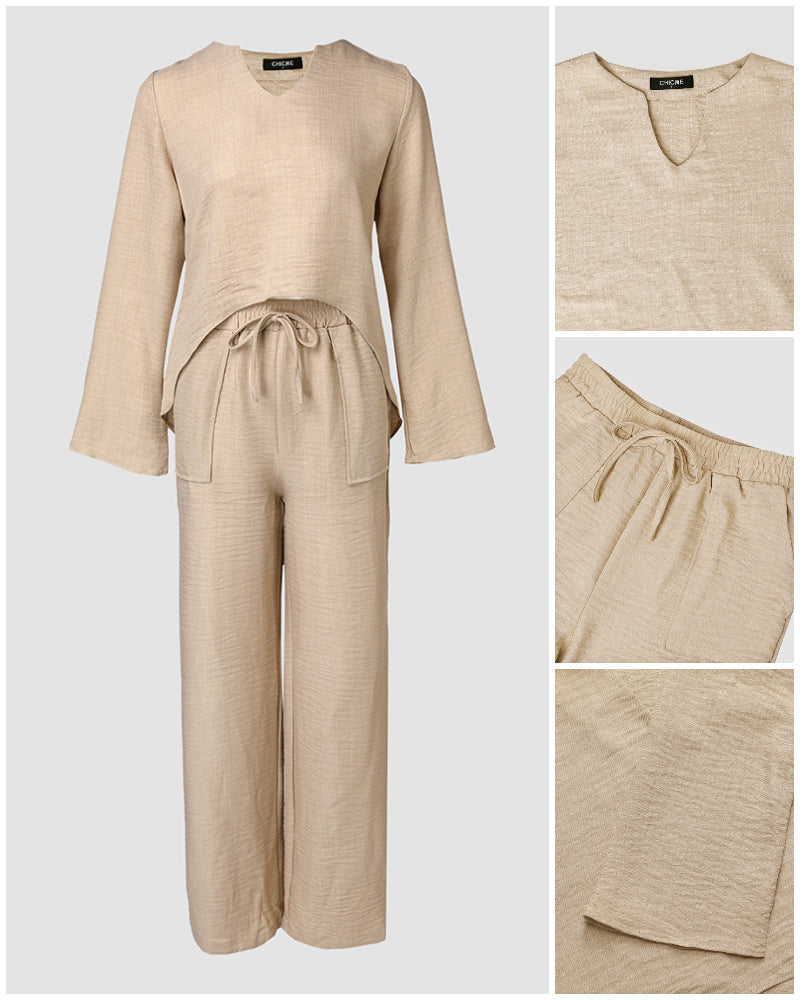 2 Piece Notch Neck Long Sleeve Asymmetrical Hem Tops Stretchy Waist Straight Leg Pants Lounge Sets Tracksuit - Image 4