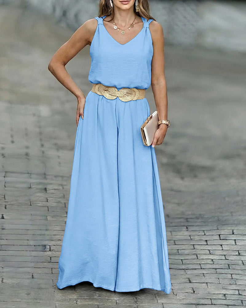 2 Pieces Outfit V-Neck Shoulder Bowknot Design Sleeveless Tank Top and Casual Zipper Fly Elastic Back Waist Wide Leg Pants Set without Belt - Image 6