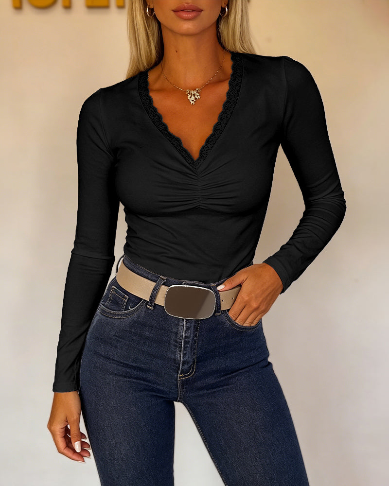 Women's Lace V Neck Ruched T Shirt Slim Fit Long Sleeve Tee Casual Elegant Top - Image 15