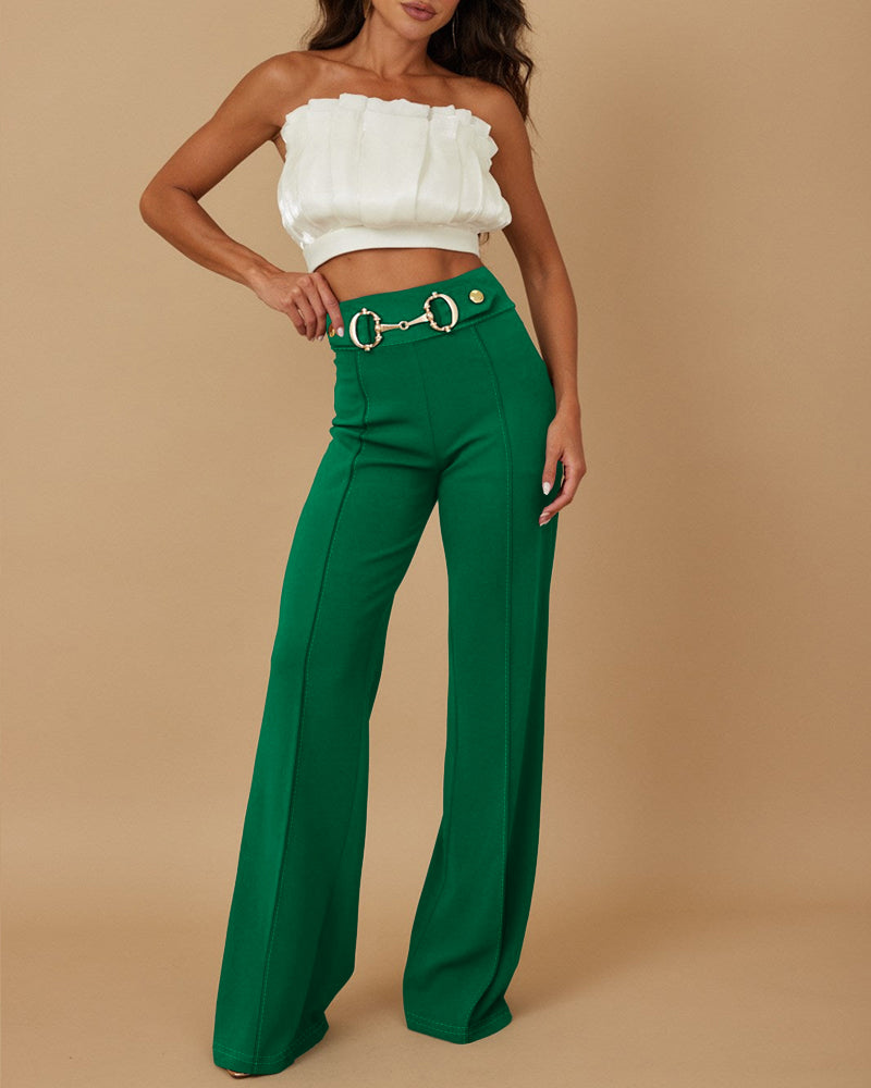 Metal Button Decor High Waist Casual Straight Leg Work Pants - Image 2