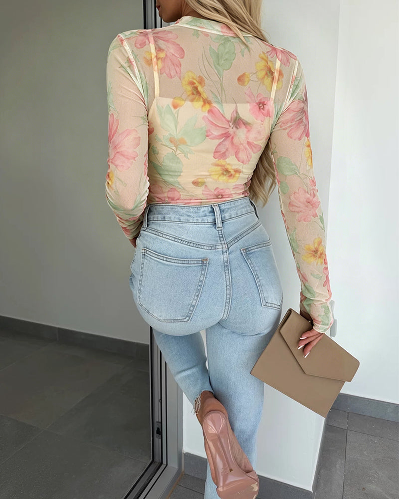 Women's French Style Watercolor Floral Print Mesh Top Long Sleeve Sheer Blouse See Through Slim Fit Tee with Thumbholes - Image 2
