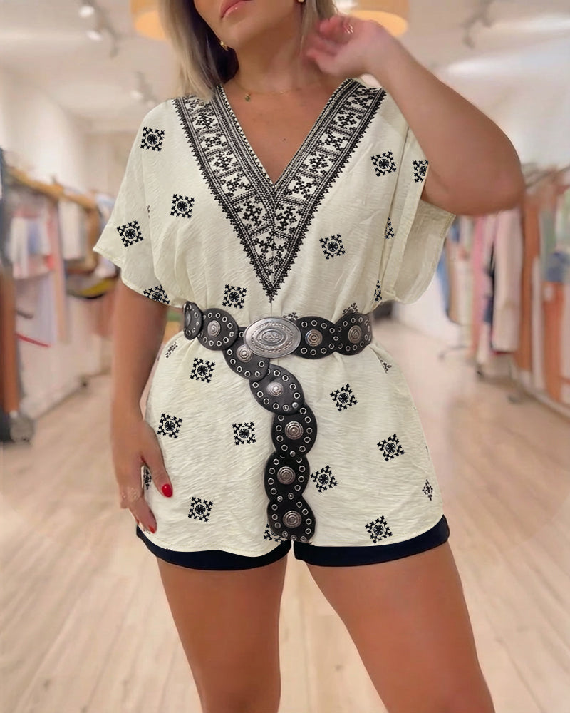Vintage Baroque Print Off Shoulder Split Sleeve Convertible Shoulder Casual Top with Bandeau - Image 4