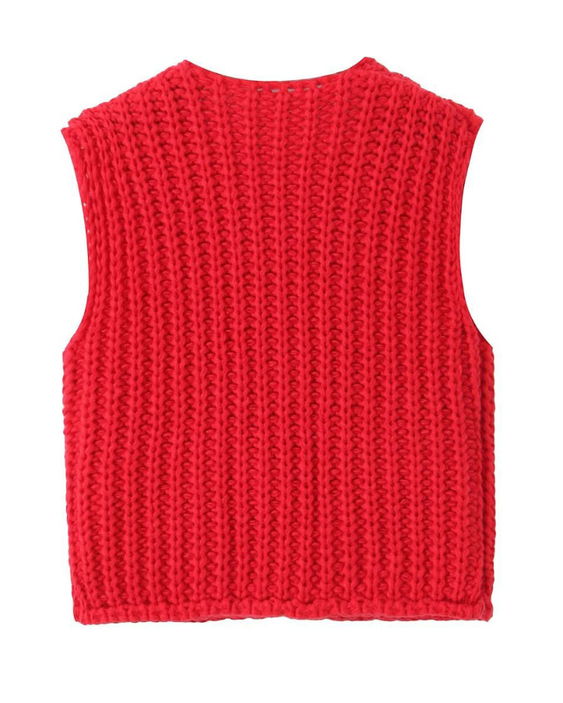V-Neck Sleeveless Button Front Knit Vest Casual Loose Fit Sweater Top with Pockets - Image 11