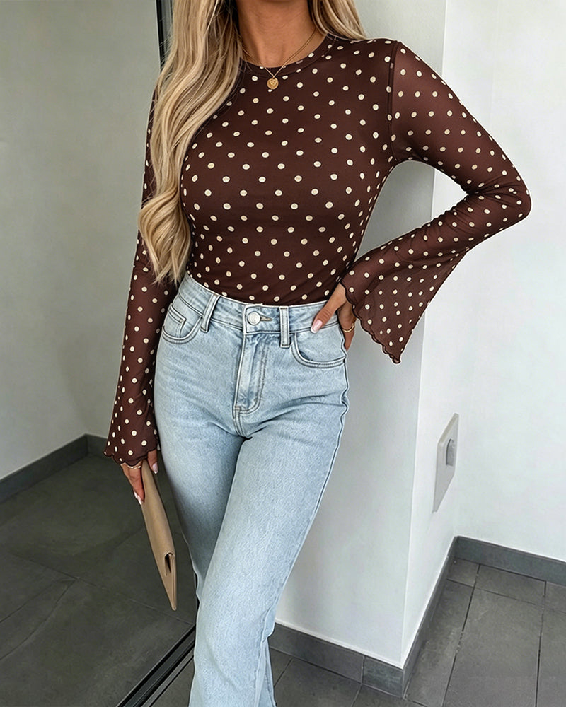 Women's Polka Dot Mesh Top Flare Long Sleeve Boat Neck Lined Asymmetric Frill Hem Blouse Vintage Party Shirt - Image 20