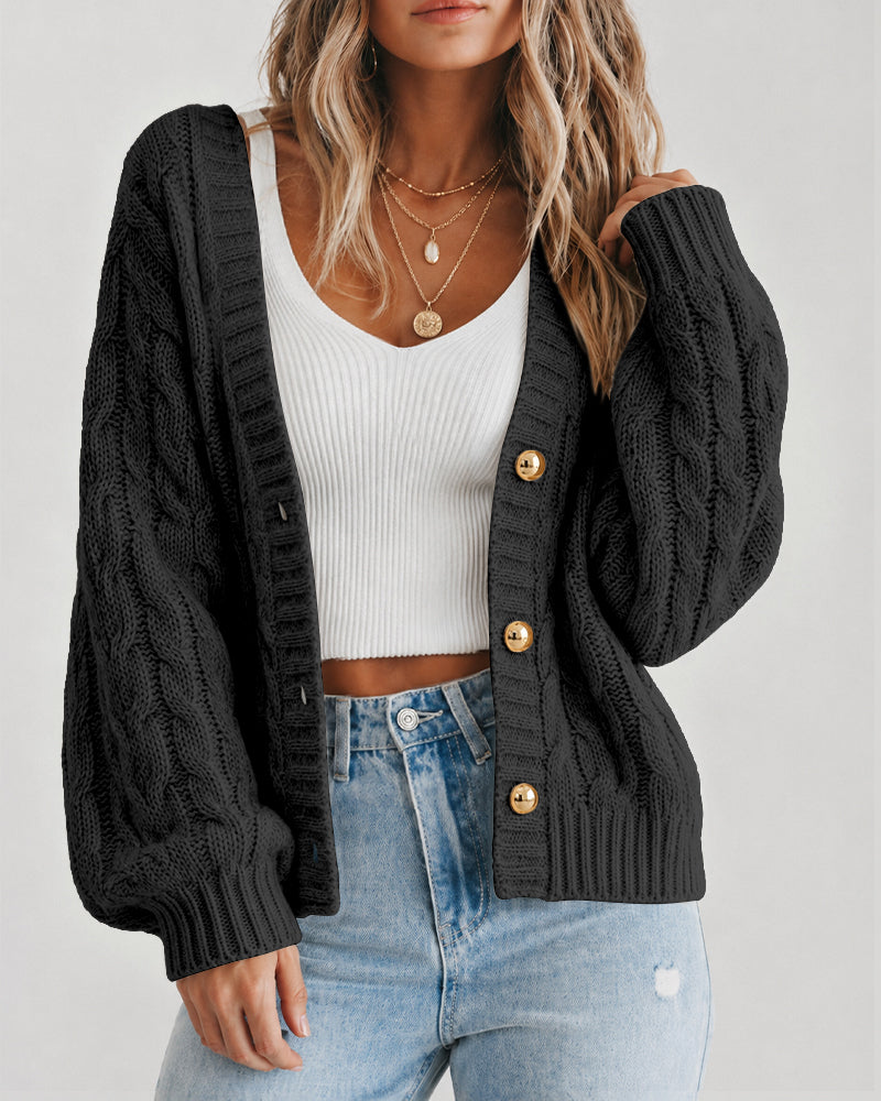 Women's Cable Knit Cardigan V Neck Button Down Chunky Knit Sweater Loose Lantern Sleeve Warm Outerwear - Image 12