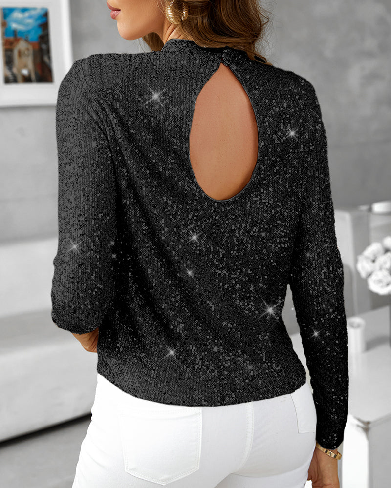 Mock Neck Hollow-out Back Allover Sequin Long Sleeve Top Partywear Blouse - Image 7