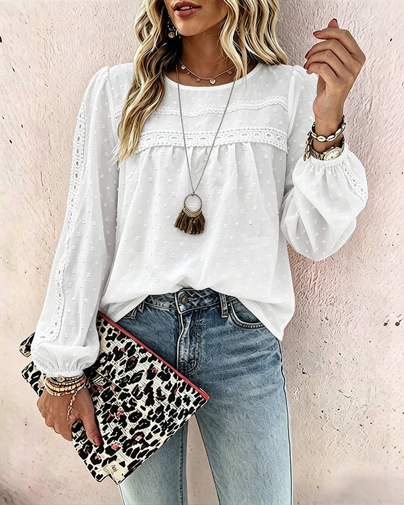 Women's Hollow-Out Lace Spliced Lantern Sleeve Top Elegant 3D Jacquard Chiffon Blouse for Work and Daily Wear - Image 3