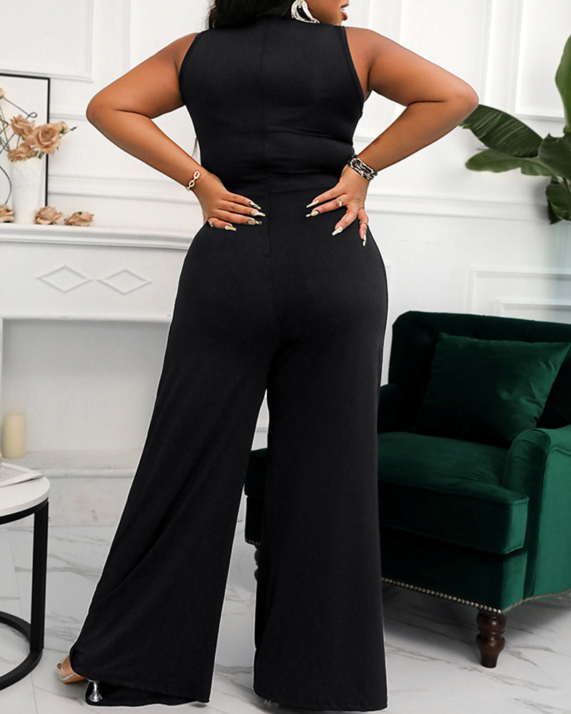 Rhinestone Decor Multi Spaghetti Straps Ruched Overalls Casual Zipper Back Wide Leg Jumpsuit - Image 5