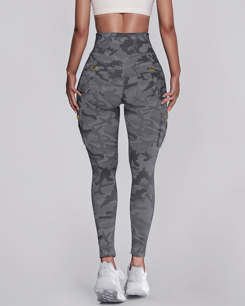 Camouflage Print High Waist Skinny Leggings with Cargo Flap Pockets Casual Pants - Image 15