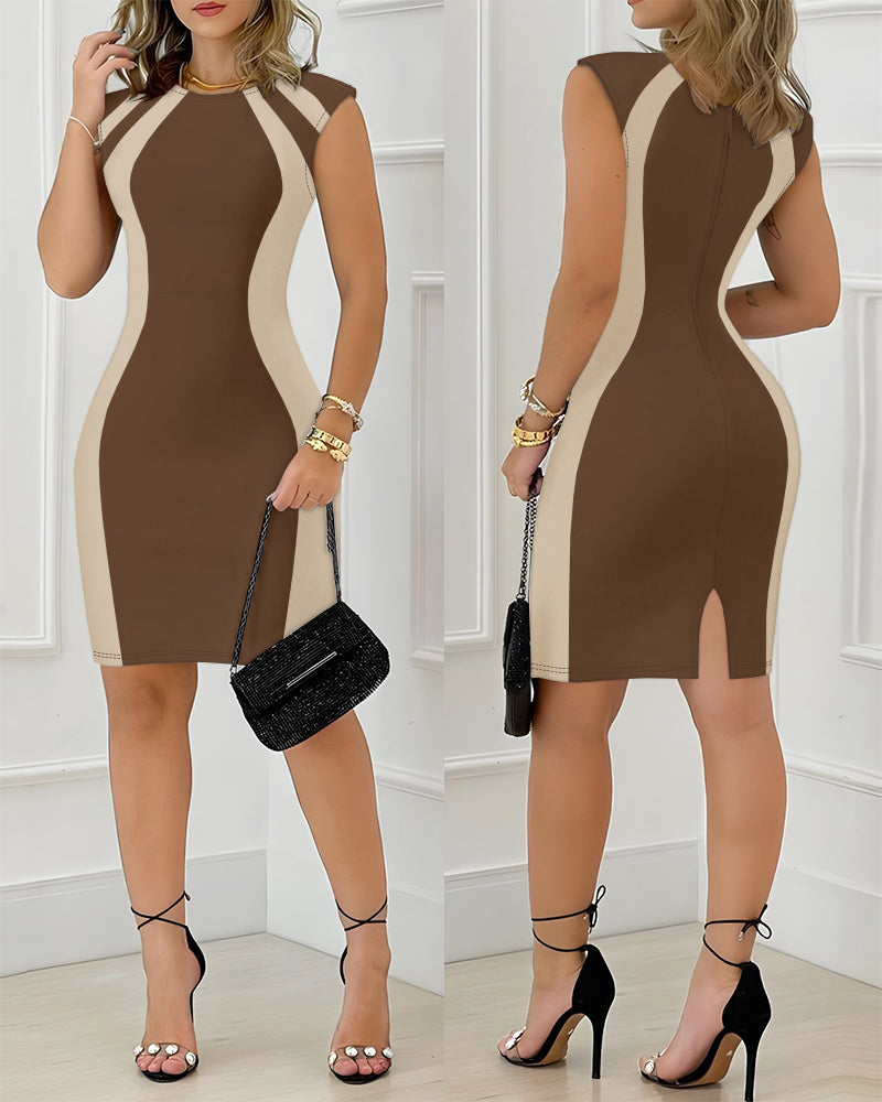 Colorblock Round Neck Sleeveless Zipper Back Midi Dress Slit Back Bodycon Dress - Image 6