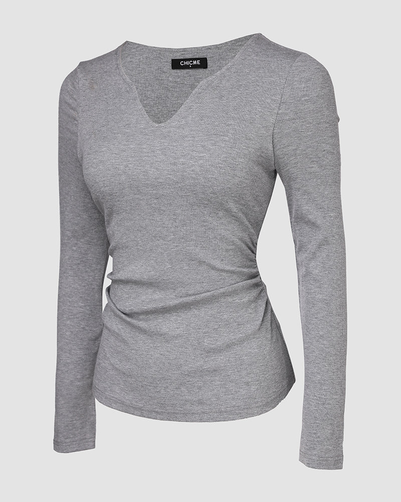 Chicme Built In Bra Notch Neck Long Sleeve Shirts Rib Knit Ruched Waist Top - Image 4