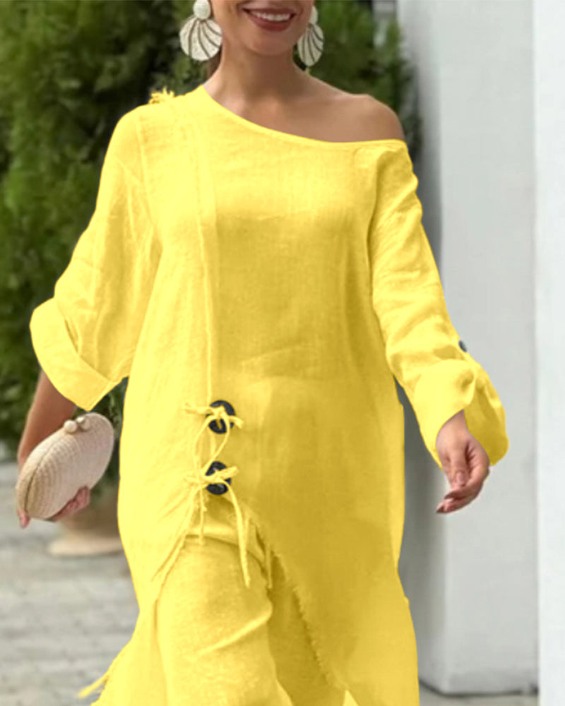 2 Pieces Outfit Button Decor One Shoulder Turn-Up Sleeves Slit Raw Edges Top and Casual Drawstring Elastic Waist Wide Leg Pants Set - Image 17