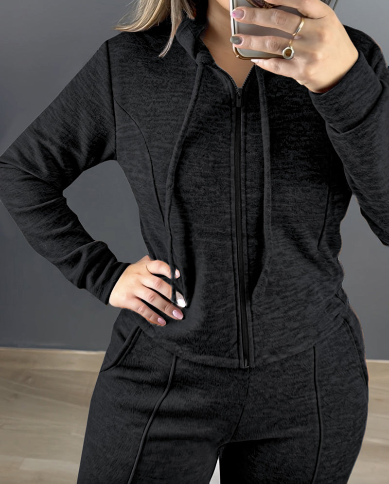 2 Pieces Outfit Long Sleeve Zip Up Drawstring Hoodie Coat and Casual Elastic Waist Seam Front Straight Leg Pants Set - Image 9