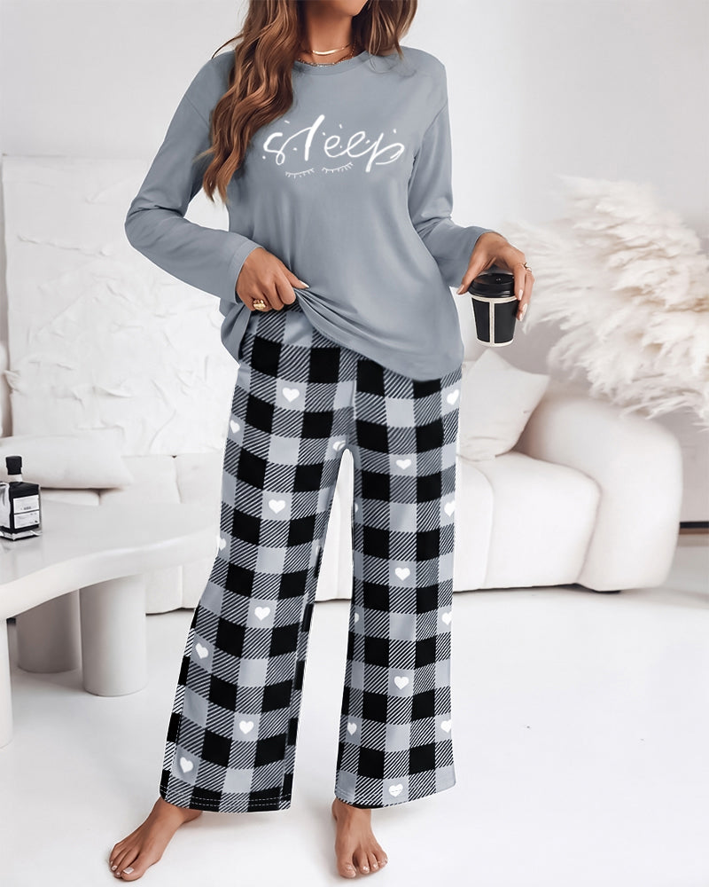 Women's 2 Piece Pajama Set Letter Print Long Sleeve Top and Plaid Heart Wide Leg Pants Casual Lounge Set - Image 5