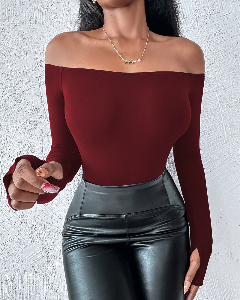 Off Shoulder Long Sleeve Skinny Casual Top - Image 19