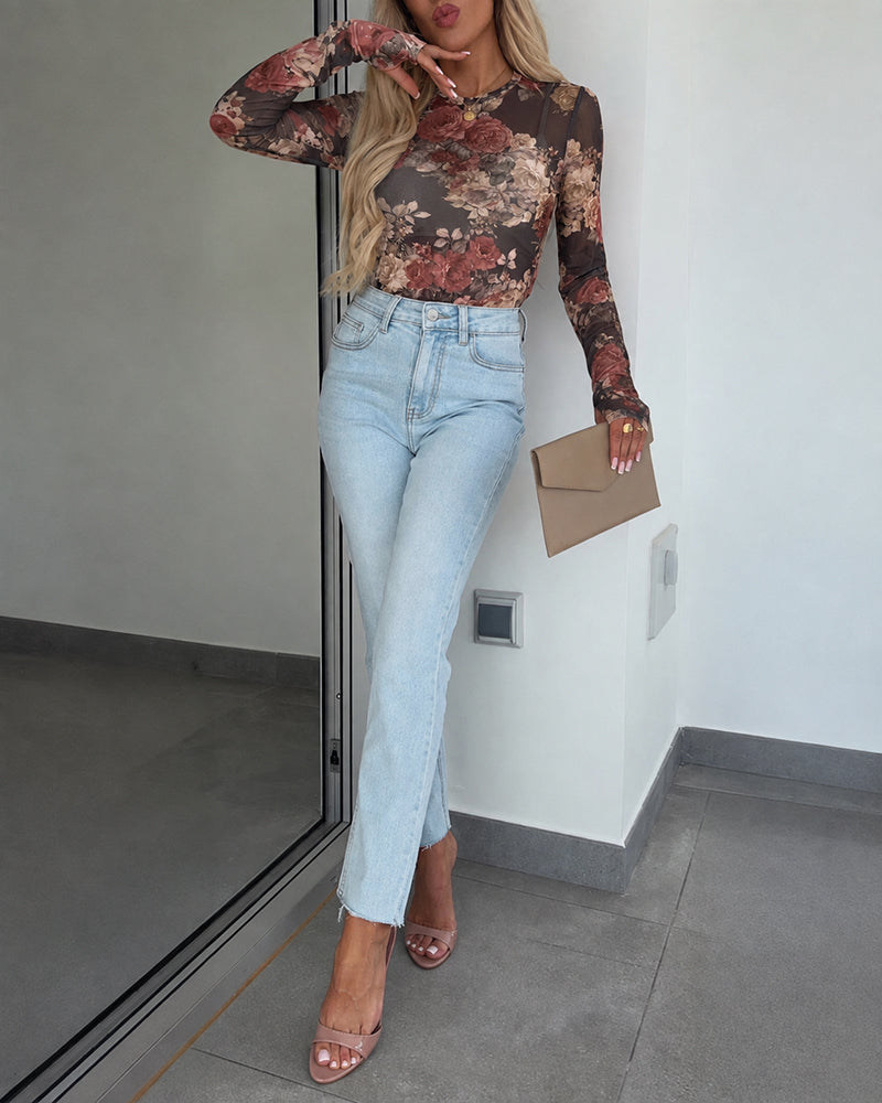 Women's Vintage Floral Print Sheer Mesh Top Long Sleeve Slim Fit Crewneck Layering Top with Thumb Hole Cuffs - Image 4
