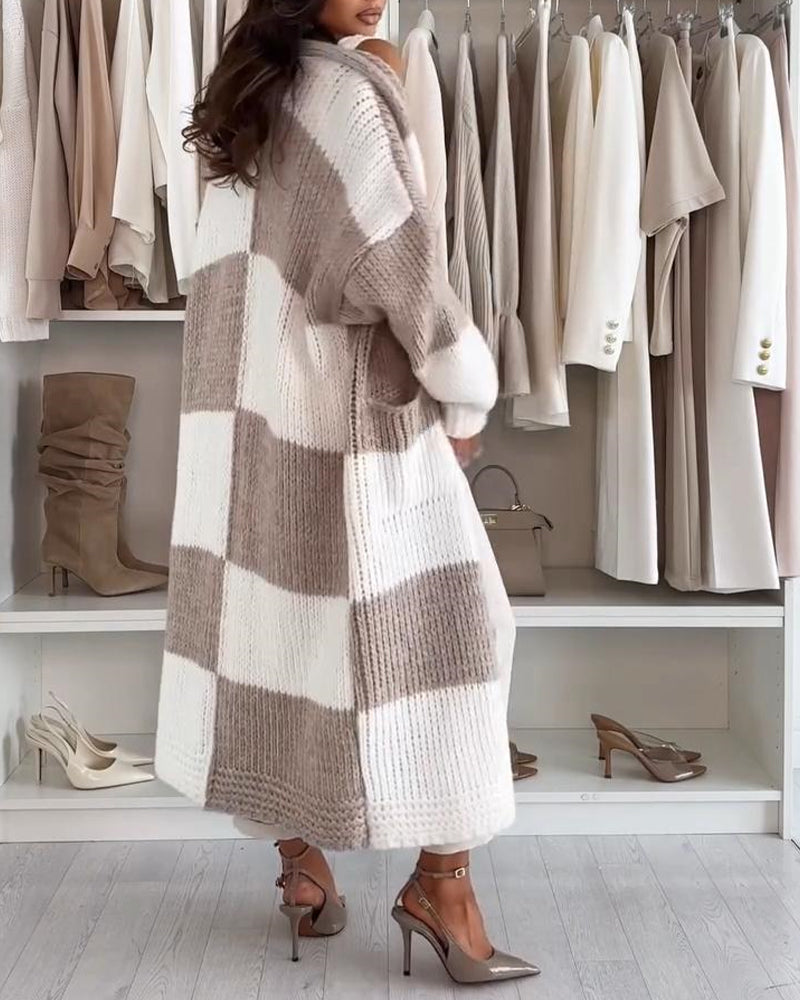 Women's Checkerboard Knit Cardigan Oversized Long Chunky Sweater Loose Lantern Sleeve Coat with Pockets - Image 5