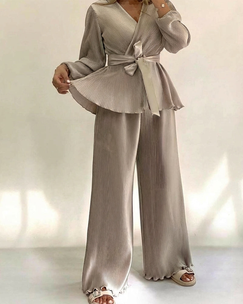 2 Pieces Outfit Overlap V-Neck Lantern Sleeve Tie Waist Ruffle Hem Top and Elastic Waist Wide Leg Pants Set Vintage Frill Hem Satin Pleated Commuting Set - Image 3