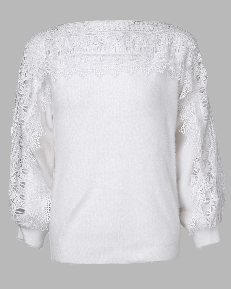 Crewneck Guipure Lace Long Sleeve Hollow Out Knit Sweaters Pullover Tops - Image 7